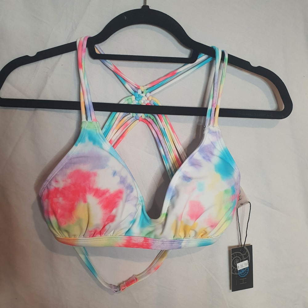 H2OH Colours Tortola Bikini Top Rainbow Tie Dye Macrame Strappy Back Medium New
